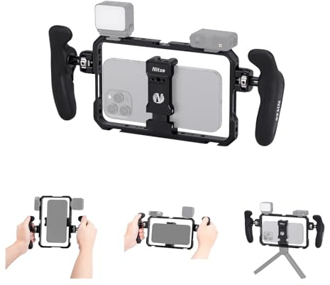 Nitze Universal Phone Cage für iPhone, Samsung, Vlogger & Youtuber– T-MP01B | Smartphone Video Rig, Handy Video Kit mit Seitlichen Griffen, für iPhone 17/16/15 Pro Max, für Samsung Galaxy S25 Ultra