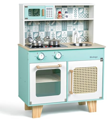 Ensemble de cuisine en bois pour enfants, Set de cuisine pour tout-petits de 3 à 6 ans - Cuisine de jeu avec vraies lumières et sons - Jouet de cuisine pour enfants - Set de jouets cadeau pour filles