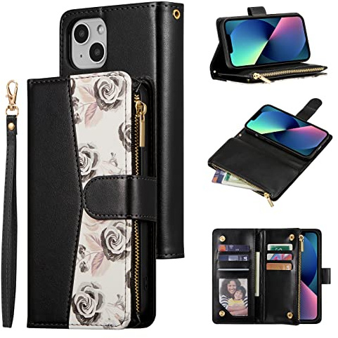 UEEBAI Wallet Case for iPhone 15 6.1 inch, PU Leather Magnetic Closure Handbag Zipper Pocket Case Kickstand Card Holder Slots with Wrist Strap TPU Shockproof Flip Cover - Black