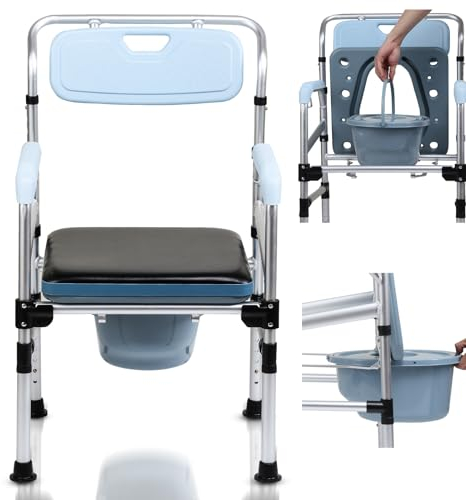 Ansobea Silla con WC, Silla WC Personas Mayores con Cubo, Portátil Silla Ducha WC, Silla WC Inodoro con Reposabrazos Adultos Ajustable- 3 en 1- para Minusválidos, Discapacitados, Ancianos