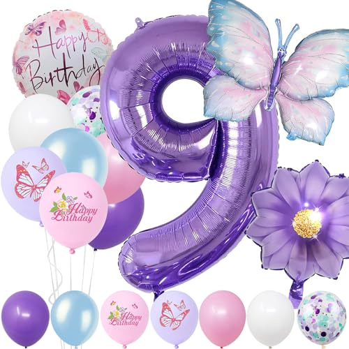 9 Jahre Set - Zahl Folienballon，22 Stück Blau Lila Geburtstagsdeko，Schmetterling Blumen Ballon，Kindergeburtstag Party Deko Zahl 9 Luftballon für Mädchen Jungen Geburtstags Festival Party Dekoration