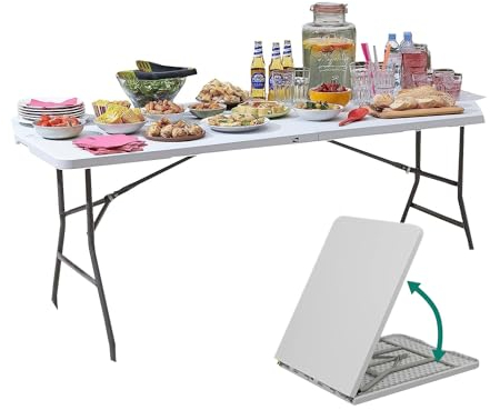 Avilia Tavolo Pieghevole Portatile salvaspazio | Tavolo richiudibile | Tavolo da campeggio con Sistema di Blocco di Sicurezza, Fino a 6 Persone - 180x70x74 cm (Bianco)