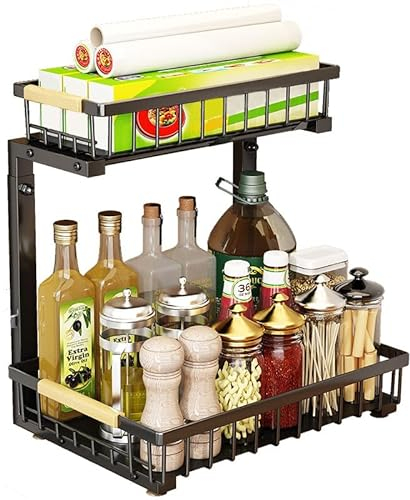 CarolynDesign Organiseur de placard à 2 niveaux sous évier, tiroir de rangement réglable en hauteur avec poignée en bois, panier coulissant en métal pour cuisine et salle de bain