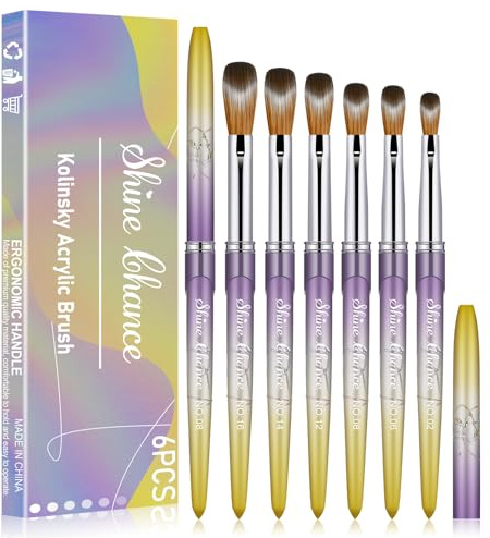 Shine Chance Kolinsky Lot de 6 pinceaux à ongles en acrylique pour nail art, design artistique et erreurs de vernis - Outils de manucure pour femme (taille 2, 6, 8, 12, 14, 16)