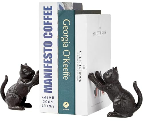 Denique Dekorative Buchstützen mit Katze, niedliche Buchstützen zum Halten von Büchern, Buchstützen für Regale, einzigartiger Gusseisen-Buchstopper für schwere Bücher, Katzenbüro-Dekoration, 1 Paar/2