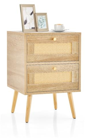 RELAX4LIFE Nachttisch Holz, Nachtschrank mit 2 Rattan-Schubladen, Nachtkommode 40 x 40 x 59 cm, Beistelltisch für Wohnzimmer, Schlafzimmer (1 Stück) LY54918SE