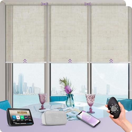 Graywind Elektrische Rollo Innen Lichtfilterung, nach Maß Wiederaufladbar Smart Fensterrollo, UV-Schutz Jalousien mit Fernbedienung, Motorisiert Rollo Kompatibel mit Alexa Google, Sheer Linen Beige