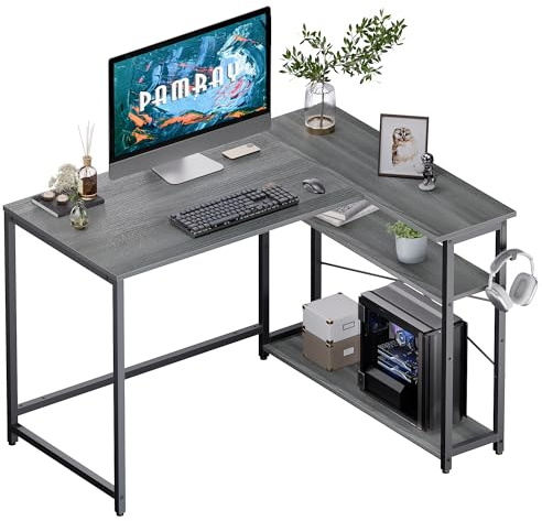 PAMRAY Escritorio en L de 109 cm, Mesa de Trabajo con Estantes Laterales Reversibles, Escritorio Esquinero para PC, Gaming y Oficina en Casa Ideal para Estudiar y Jugar, Gris Espresso