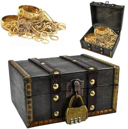 LPAMABA Kurzer Scatole del Tesoro Vintage con Lucchetto,Scrigno del Tesoro in Legno con Lucchetto Pirati,Cofanetto del Tesoro in legno,Piccola Scatola Portaoggetti Baule per Gioielli, Collane