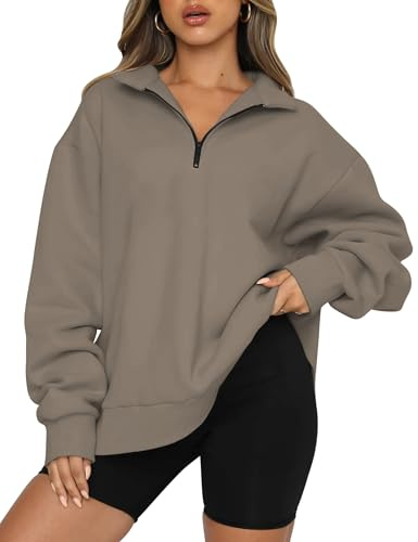 Famulily Women's Relax Fit Pullover Sweatshirt Solid Color Zip Up Fleece Sweaters Jackets Coffee S