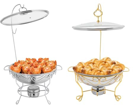 Mermajestic 6L Runden Speisenwärmer, Edelstahl Catering Dish Set Abnehmbare Chafing Dish Buffet Wärmebehälter mit sichtbarem Glasdeckel warmhalter Speisewärmer und 4 Trays für Catering (Gold)