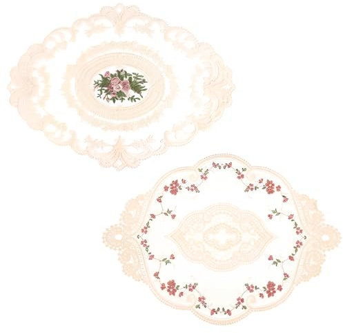 Dokeno Tischdecke Klein, 2 Stück 31 x42 cm, 31x44cm Spitzendeckchen Oval Vintage Tischdecke Oval Spitzen Platzdeckchen für Esstisch Couchtisch Kaffeetisch Gartentisch