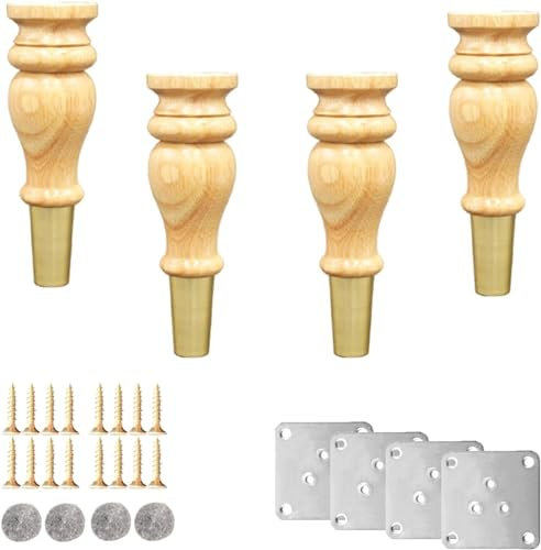 Möbelfüße aus Holz, Kürbisform, runde Sofa-Beine, mit Messing-Fußabdeckungen und Beschlägen, Weiß, 20 cm, 4 Stück