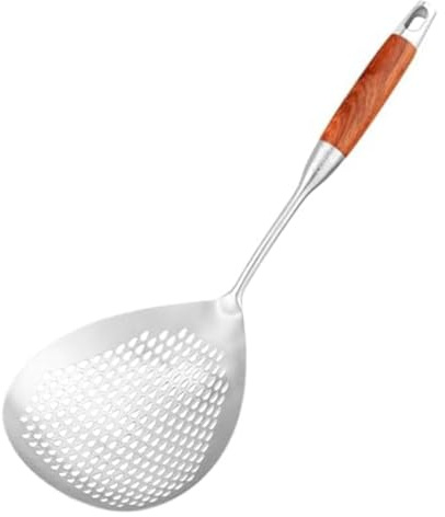 Barfeery Large Skimmer Slotted Spoon - 304 Stainless Steel Skimmer Spoon with Wooden Long Handle, 16 Inches Deep Fryer Scoop Easy to Use