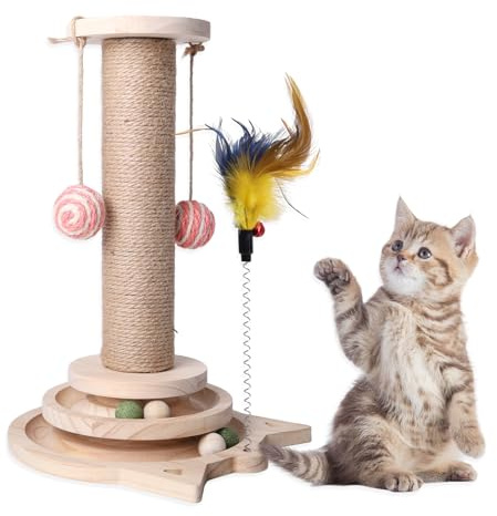 Vefhby 4 in 1 Interaktives Katzenspielzeug Selbstbeschäftigung, Katzenspielzeug Holz Sisalseil Kratzbaum mit Hängenden Kugeln, Intelligenz Katzen Spielzeug, Spielzeug Katze Intelligenz mit Frühling