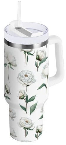 FRODOTGV Aesthetic - Vaso aislado al vacío de peonía blanca con pajilla, resistente a fugas, botella de agua de 40 onzas para niños, boca ancha, taza de café grande para agua, té helado o café
