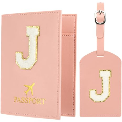 PATIKIL Reisepasshülle und Kofferanhänger Set, Reisepasshülle Passport Hülle für Reisen mit Alphabet Buchstaben Reisebrieftasche Koffer Identifikator für Frauen Pink J