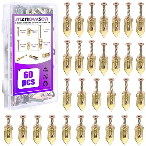 Lot de 60 chevilles autoperceuses pour cloison sèche, 3 tailles, sans perçage ni trous dans le mur, pour mur en plâtre, mur sec, pour accrocher des appliques murales, des cadres photo, des rideaux