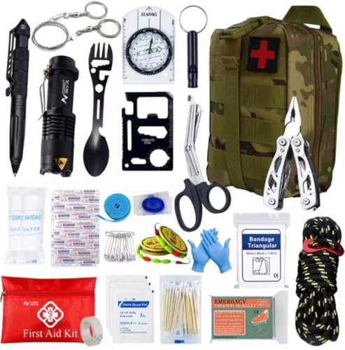 Kit Supervivencia UE 2025 Botiquines Primeros Auxilios, Linterna y Equipo Completo de Supervivencia 72h Kit de Emergencia para Viajar Caminar Acampar al Aire Montaña (Militar)