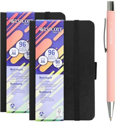 Westcott Notizbuch DIN A6 kariert (2er-Set) inkl. PRIMESOFT Premiumkugelschreiber | 2 x 192 Seiten im Hardcover | 80 g/m² FSC-Papier | Innentasche, Lesezeichen, Gummizug, Stifthalter | E-1744843 00