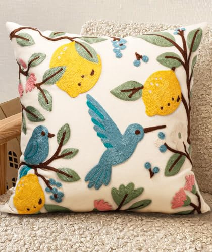 Kokaaee Embroidered Throw Pillow Cover 18x18 Inch - Spring Summer Boho Decorative Pillow Cover with Zipper for Living Room Couch Sofa Bed Aesthetic Design Bird Lemon Cushion Pillowcase