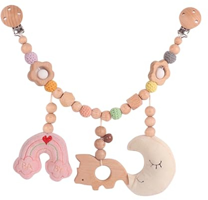 AQCQDQ Kinderwagen Spielzeug, Kinderwagenkette Holz Baby, Kinderwagenkette Aus Holz und Baumwolle Gehäkelt, Baby Geschenk zur Geburt ab 0+ Monaten (Regenbogen-Mond)