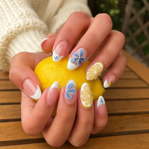Delicate Floral Citrus Artificial Nail Tips - Medium Length French Glossy Acrylic Set with Blue Flower Patterns Rhinestone Centres Yellow Citrus Slices for Summer Events Casual Outings