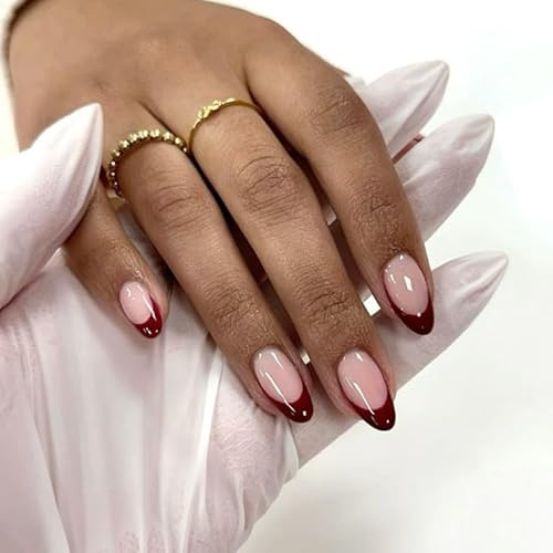 MouyouGlow Press on Nails Kurz,Almond Rot Burgundy French Design Short Glossy Mandel Fake Nails,Wine Red Tips Shiny Pure Colour Retro-Chic Flair Herbst Winter INS Artificial Künstliche Fingernägel