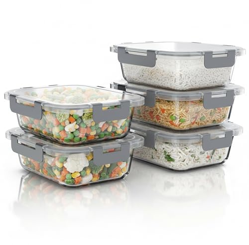 Arendo - Lunchboxen Glas - Frischhaltedosen für Lebensmittel mit Deckel luftdicht - 5er Set - 1000 ml - für Mikrowelle Ofen Gefrierschrank - Spülmaschinen geeignet - Vorratsdosen Meal Prep Boxen Set
