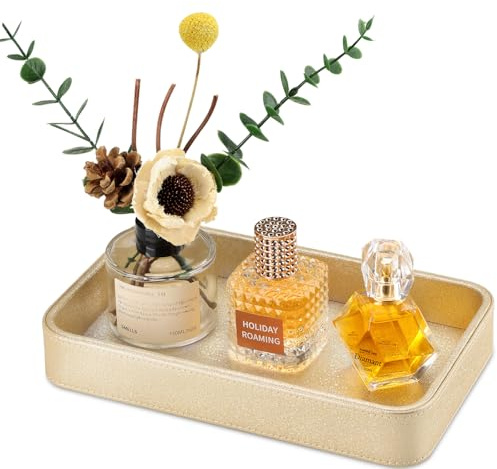 GORESE Vassoio Portaoggetti da Bagno, Vassoio Decorativo Organizer da Bagno Porta Profumi in Pelle Svuotatasche Ingresso Vassoio da Letto Vassoi Portagioie per Bagno,Soggiorno,Camera da Letto(Oro)