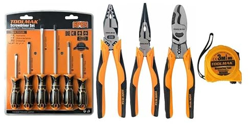 Kit Attrezzi Manuali 10 Pezzi: Set Cacciaviti 6 pz (PH/SL), Pinza Universale 200 mm, Pinza a Becchi Lunghi, Tronchese Diagonale, Metro a Nastro 3 m – Casa e Fai da Te-19326/20104/20110/20105/19774