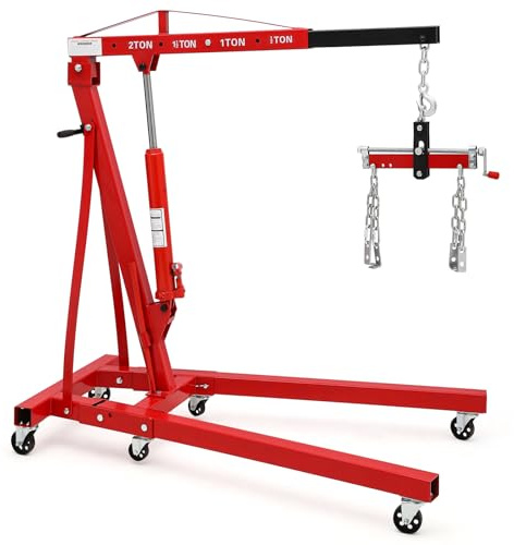 Aptliton 2 Ton Hydraulic Folding Engine Crane with Adjustable Boom & 6 Casters, Heavy-Duty Garage Hoist for Motor Removal and Workshop Use, Red Finish