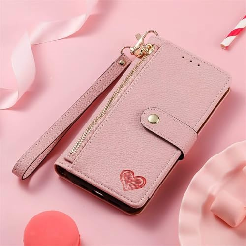 FYYFTYT Custodia per telefono con cerniera in pelle PU e scomparti per carte di credito, cinturino da polso per iPhone 17 Air 16E 15 14 Plus 13 12 11 Pro Max, rosa, per iPhone 13 mini