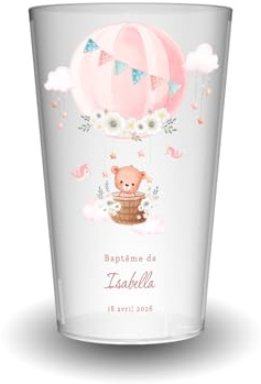 Wobz - Gobelet Personnalisé Baptême Ourson Rose - Impression Quadrichromie digitale - Fabriqué En France - Prénom Et Date Personnalisables - 25 cl - Pack de 10, 25, 50, 100, 250 et 500