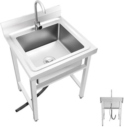awolsrgiop Évier Inox 60x60x93 cm, Etagere Inox Cuisine Professionnel, 1 Bac, Autoportant, avec Robinet 360°, Pieds Réglables et Dosseret 13 cm, pour Restaurant, Garage, Atelier