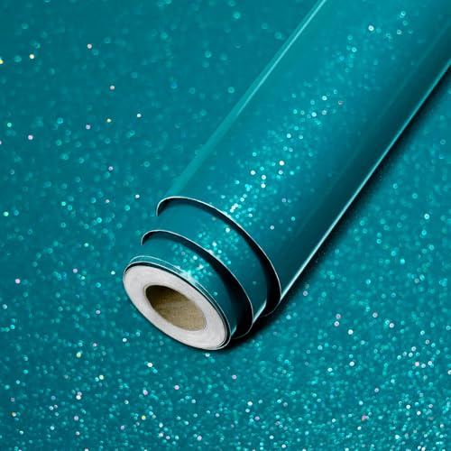 ReeyderArt Teal Glitter Contact Paper for Countertops, Glossy Peel and Stick Wallpaper, Waterproof Self Adhesive Vinyl Wrap for Cabinets, Shelves, Tables, Closets and Walls 40 x 200 cm