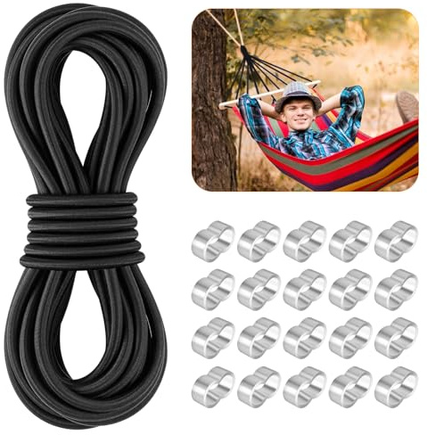 Pulpo Pulpos Elasticos Negro, Cuerda Elastica 8mm x 10m con 20 M9 Virolas de Alumini, Tensores Elasticos para Remolques, Toldos, Lonas, Costura, Camping, Manualidades de Bricolaje