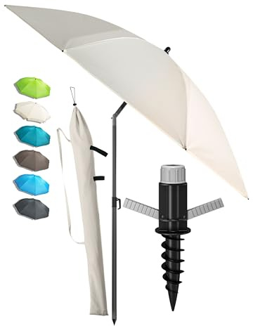 Menz Sonnenschirm Strand in Beige - Komplettes 3er-Set inkl. robustem Sonnenschirm + langlebiger Schutzhülle + solider Bodenhülse, Strandschirm windfest stabil, Strandschirm mit UV50+ Schutz