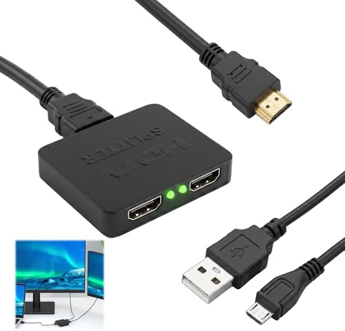 Répartiteur HDMI 4K 1 Entrée 2 Sorties, Splitter HDMI avec Câble Micro USB, Adaptateur Prise HDMI PC Double Écran, Compatible avec MacBook, Xbox, PS4, PS3, Lecteur Blu-Ray, TV, Deux Moniteurs