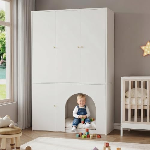 Merax 3-türiger Kinderkleiderschrank, Garderobenschrank mit Kleiderstange und integrierter Haustierhöhle, Viel Stauraum für Kinderzimmer, 120x50x200 cm, Weiß