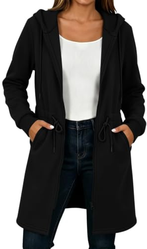Huvtröja för dam - lång huvtröja - trenchcoat-stil - långärmad kofta - långärmad jacka med fickor - enfärgad - justerbar dragsko - trendig och ledig - höst och vinter