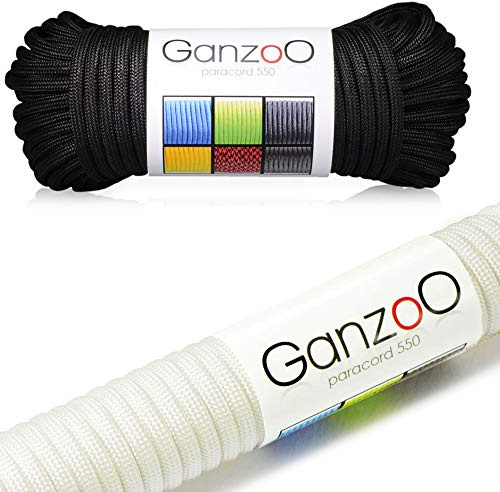 Ganzoo Paracord 550 Seil, 2 x 30 Meter, 4mm, Nylon/Polyester, Typ 3, Outdoor-Schnur, 7 Kernstränge, Allzweckseil, Hundehalsband, Hundeleine, Armband knüpfen, Camping/Survival, schwarz weiß