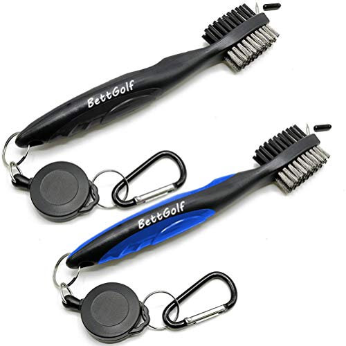 Favdoor Golfschläger-Bürste, 2 Stück, mit Rillenreiniger, in 6 verschiedenen Farben, für Golfschuhe/Golfschläger/Golf/Golfrillen, einziehbarer Aluminium-Karabiner (schwarz + blau)