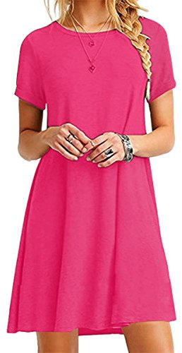 YMING Mujeres Vestido De Verano Casual Kurzarm Túnica Vestido Rundhals Blusenkeid Mini Fuxia S