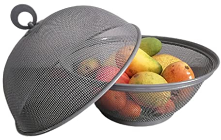 QWXOSR Cesta de acero para frutas y verduras Almacenamiento de cocina con tapa lavable Caja de almacenamiento para mesa de comedor (gris)