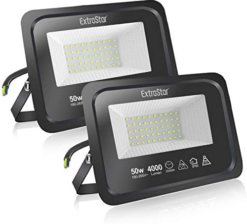 EXTRASTAR 50W LED Floodlight Outdoor, 4000LM Super Bright LED Security Lights, IP65 Waterproof Flood Light Wall Lights for Garden, Garage, Warehouse, Backyard and More - 6500K Daylight, 2 Pack