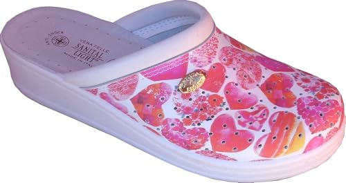 Sanital Light 1350 - Zapatilla de Cuero por la casa con Plantilla anatómica en Piel Anti-Shock - Corazones Rojo 39