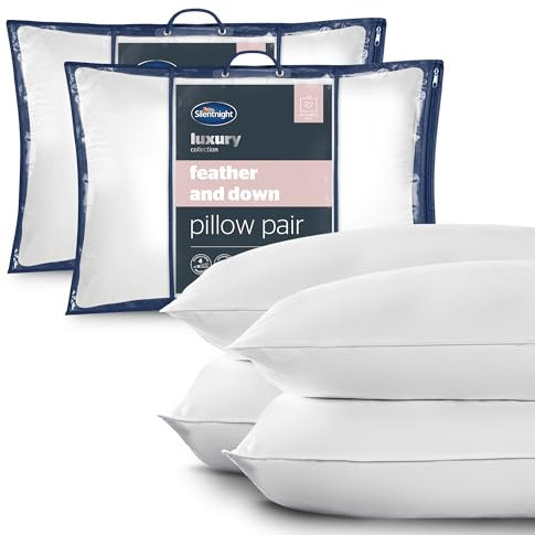 Silentnight Feather and Down Pillows 4 Pack - Luxury Hotel Quality Duck Feather Pillows with Breathable Cotton Cover and Anti-Bacterial - Machine Washable