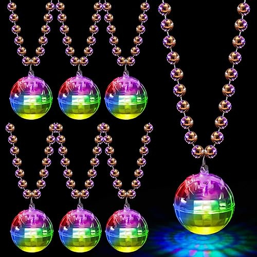 Henoyso 6 Pcs LED Disco Ball Necklaces Light up Necklaces 70s Party Decorations Accessories Women Disco Ball Costume Party Favors for Women Dance Supply(Silver, Colorful Light)