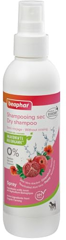 BEAPHAR – Spray Shampoing Sec labellisé ECOCERT pour chien et chat – Contient de l'Aloe Vera, de l'huile de Bourrache et de la Menthe Bio – pH neutre – Sans parabène/silicone/colorant/alcool – 200 ML